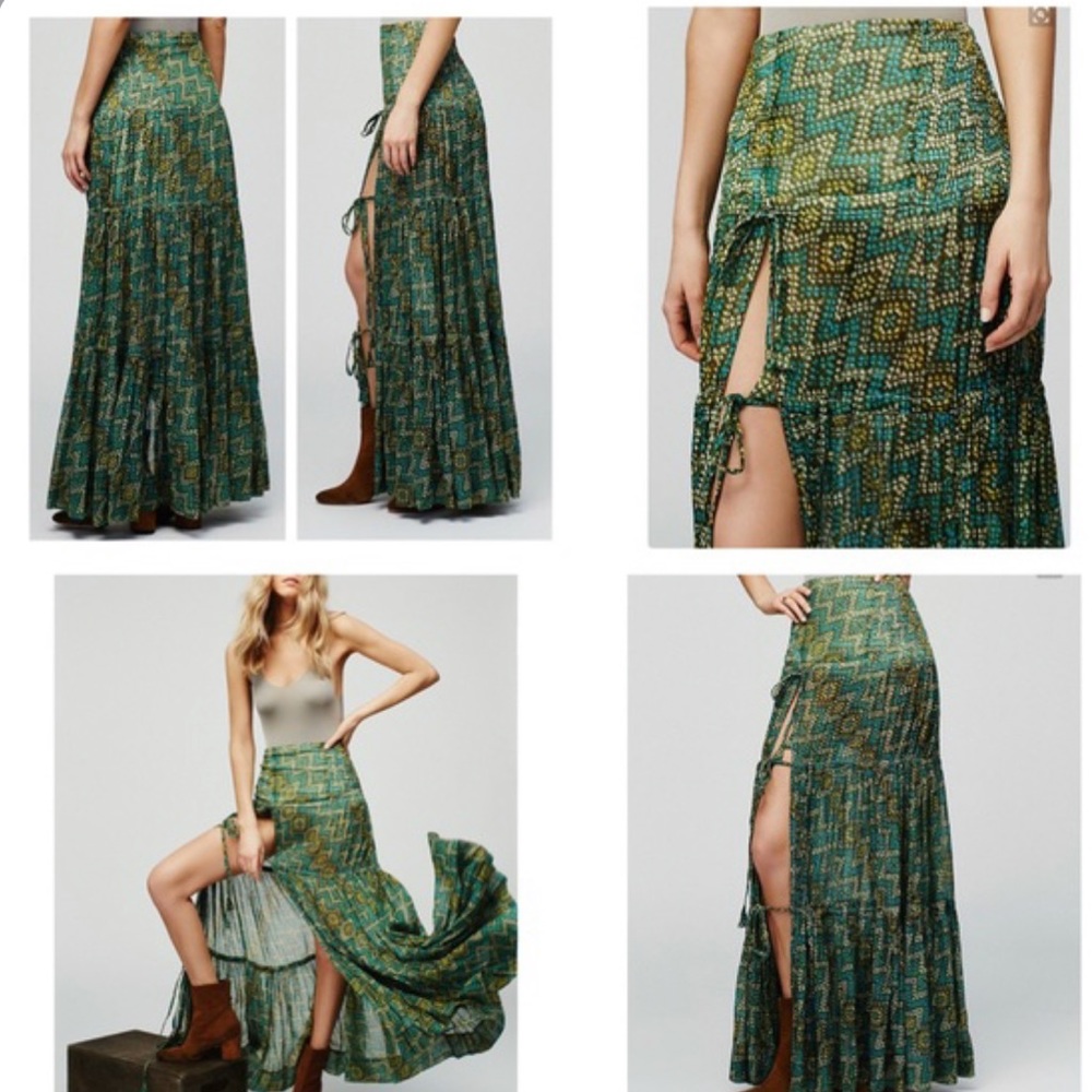 Rare Free People FP ONE Esmerelda Tiered side tie slit printed maxi skirt